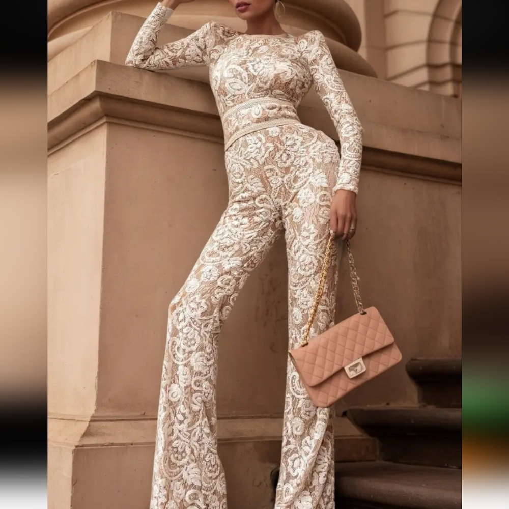 Women's Elegant Beige/White Lace Jumpsuit - Long Sleeve party outfit with Hig